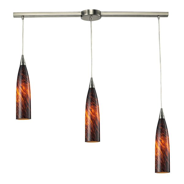 Lungo 3 Light Pendant In Satin Nickel And Espresso Glass