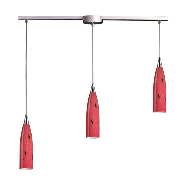 Lungo 3 Light Pendant In Satin Nickel And Fire Red Glass