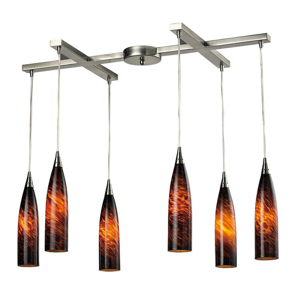 Lungo 6 Light Pendant In Satin Nickel And Espresso Glass