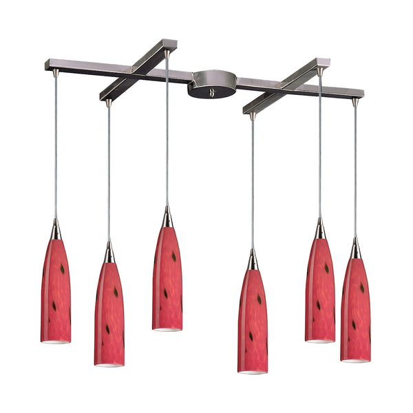 Lungo 6 Light Pendant In Satin Nickel And Fire Red Glass