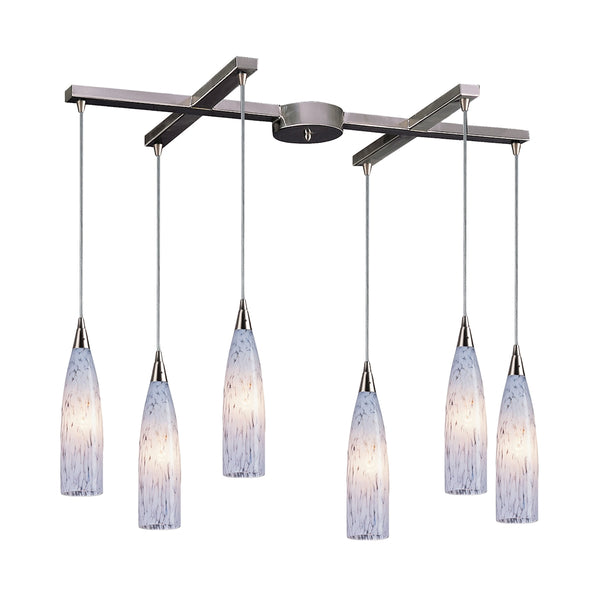 Lungo 6 Light Pendant In Satin Nickel And Snow White Glass