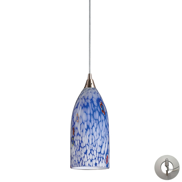 Verona 1 Light Pendant In Satin Nickel And Starburst Blue Glass - Includes Recessed Lighting Kit