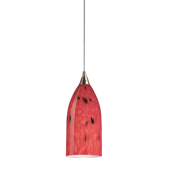 Verona 1 Light LED Pendant In Satin Nickel And Fire Red Glass