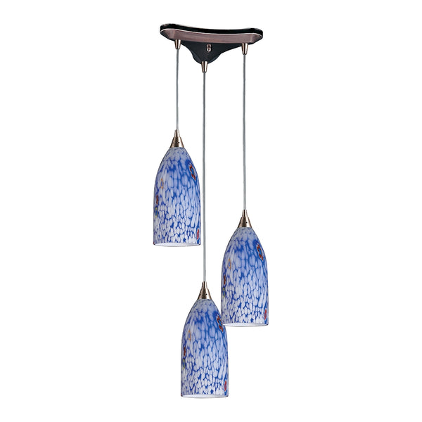 Verona 3 Light Pendant In Satin Nickel And Starburst Blue Glass