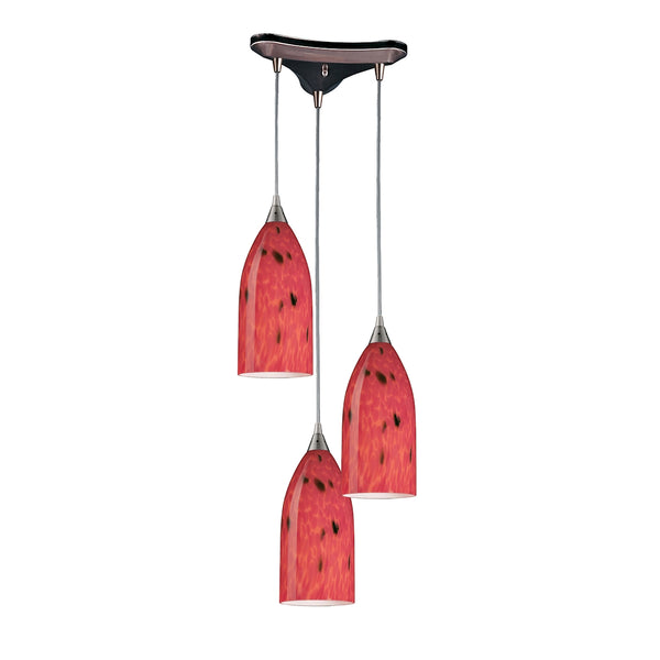 Verona 3 Light Pendant In Satin Nickel And Fire Red Glass