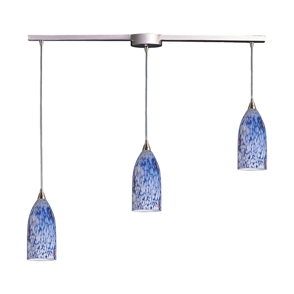Verona 3 Light Pendant In Satin Nickel And Starburst Blue Glass