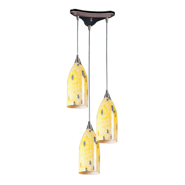 Verona 3 Light Pendant In Satin Nickel And Yellow Blaze Glass