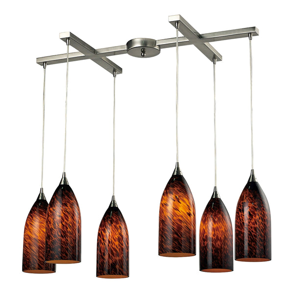 Verona 6 Light Pendant In Satin Nickel And Espresso Glass