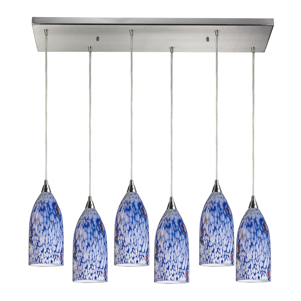 Verona 6 Light Pendant In Satin Nickel And Starburst Blue Glass