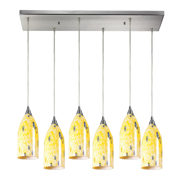 Verona 6 Light Pendant In Satin Nickel And Yellow Blaze Glass