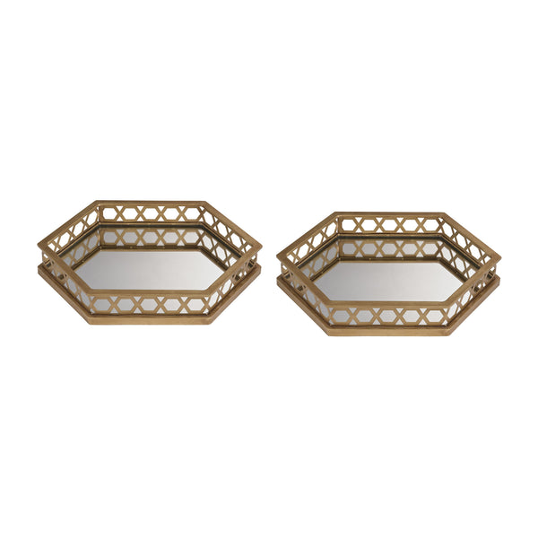 Ribbed Hexagonal Mirrored Trays - Set of 2