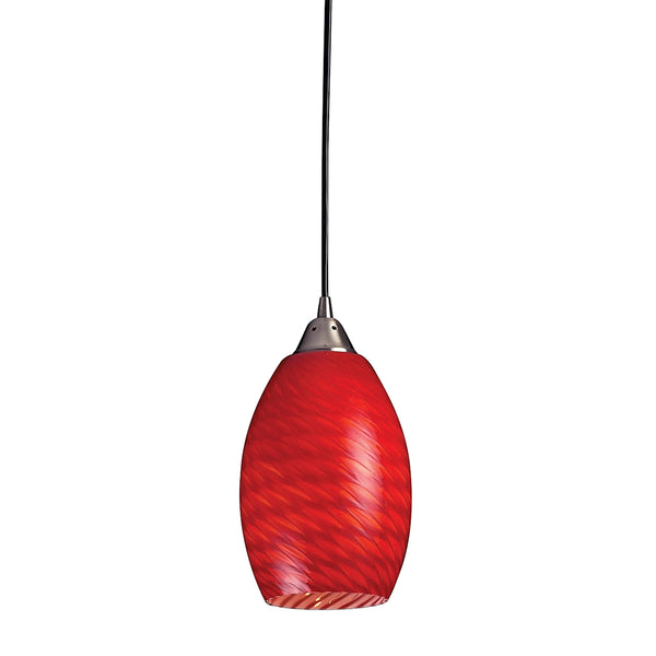 Mulinello 1 Light LED Pendant In Satin Nickel And Scarlet Red Glass