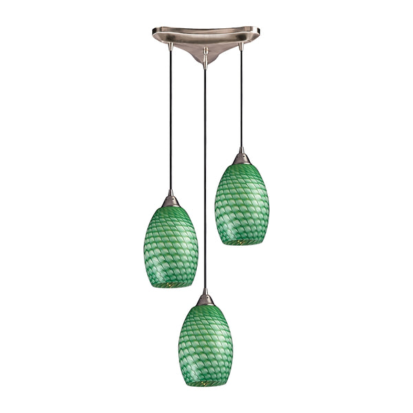 Mulinello 3 Light Pendant In Satin Nickel And Jade Glass