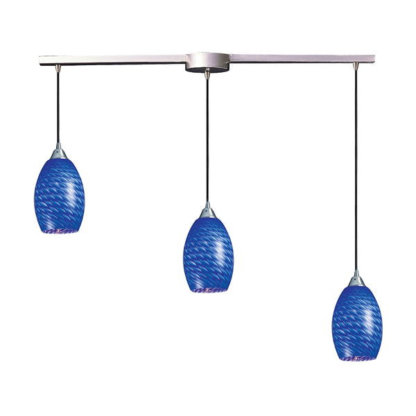 Mulinello 3 Light Pendant In Satin Nickel And Sapphire Glass