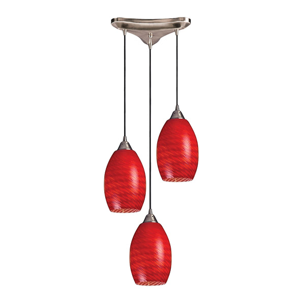 Mulinello 3 Light Pendant In Satin Nickel And Scarlet Red Glass