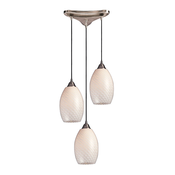 Mulinello 3 Light Pendant In Satin Nickel And White Swirl Glass