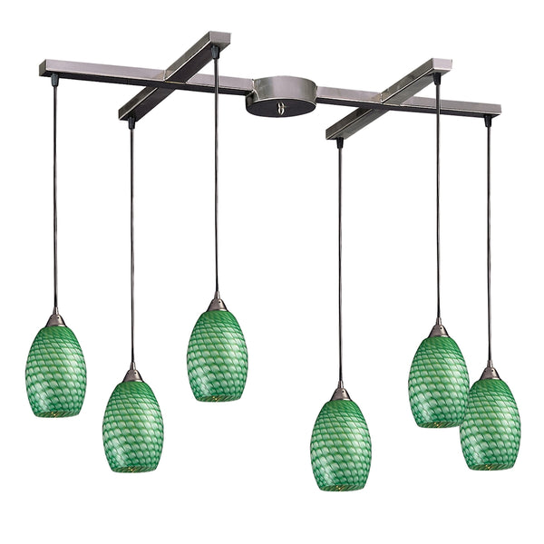 Mulinello 6 Light Pendant In Satin Nickel And Jade Glass