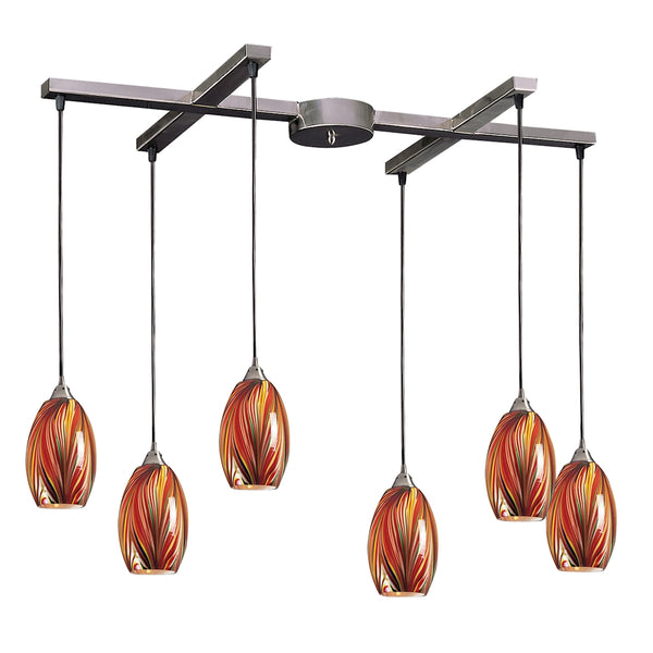 Mulinello 6 Light Pendant In Satin Nickel And Multicolor Glass