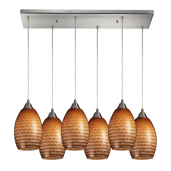 Mulinello 6 Light Pendant In Satin Nickel And Cocoa Glass