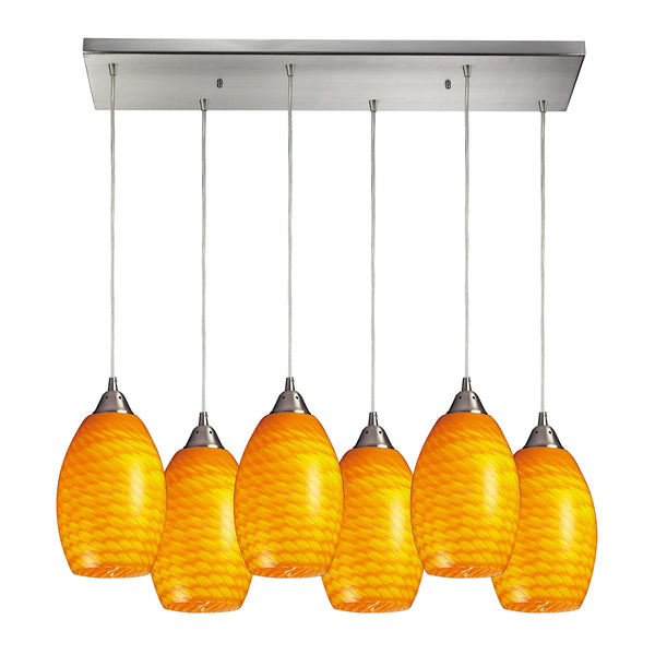 Mulinello 6 Light Pendant In Satin Nickel And Canary Glass