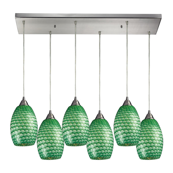 Mulinello 6 Light Pendant In Satin Nickel And Jade Glass