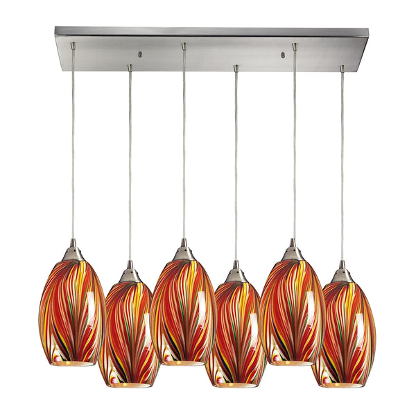 Mulinello 6 Light Pendant In Satin Nickel And Multicolor Glass
