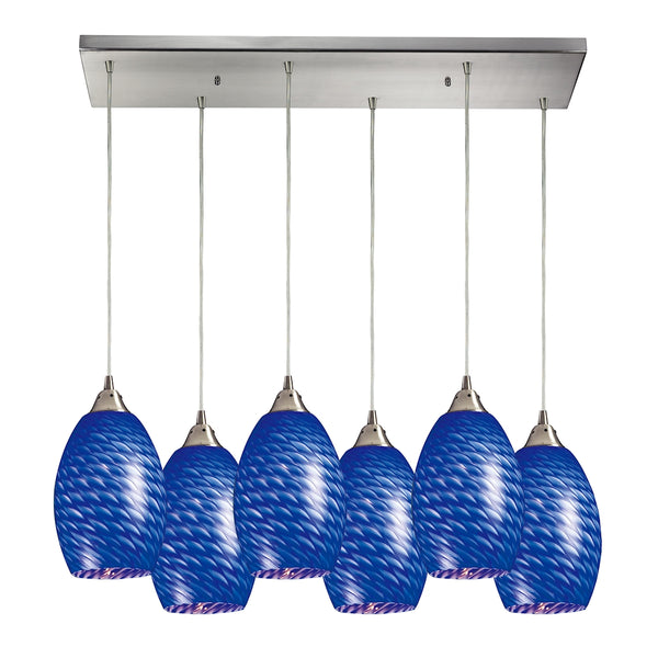 Mulinello 6 Light Pendant In Satin Nickel And Sapphire Glass
