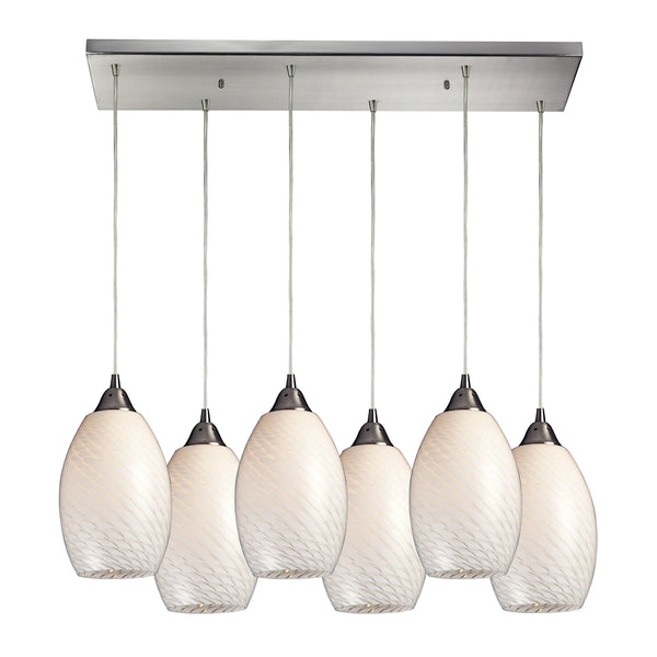 Mulinello 6 Light Pendant In Satin Nickel And White Swirl Glass