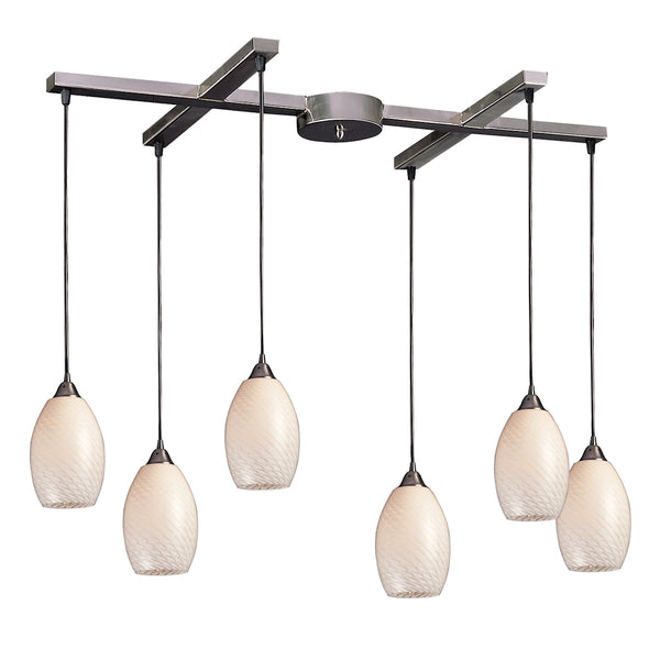 Mulinello 6 Light Pendant In Satin Nickel And White Swirl Glass