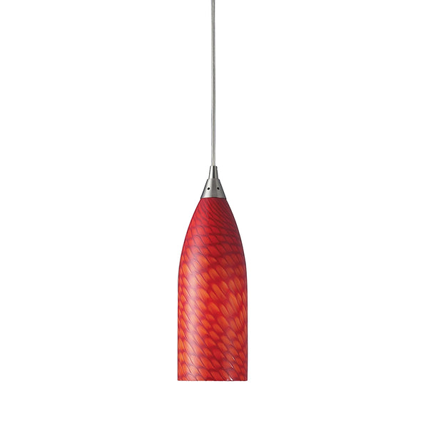 Cilindro 1 Light LED Pendant In Satin Nickel And Scarlet Glass