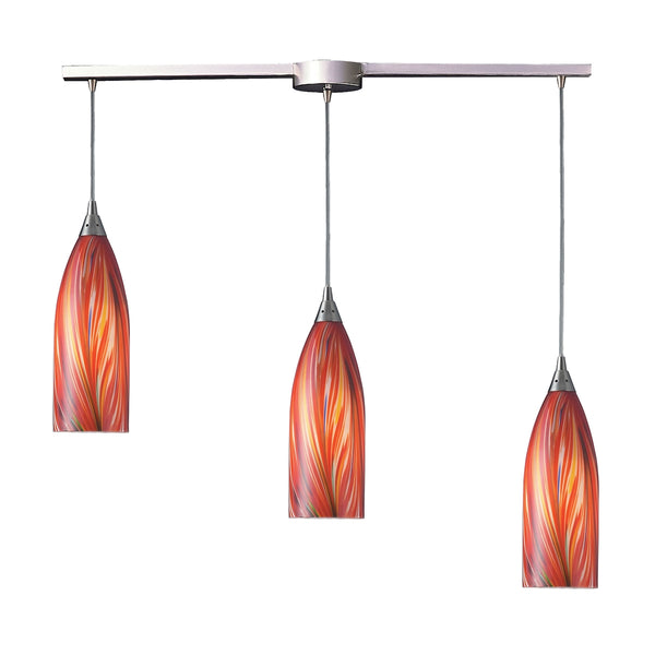 Cilindro 3 Light Pendant In Satin Nickel And Multi Glass