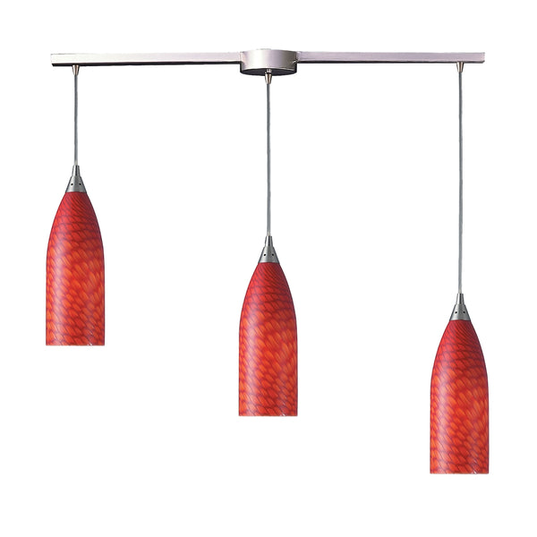 Cilindro 3 Light Pendant In Satin Nickel And Scarlet Red Glass