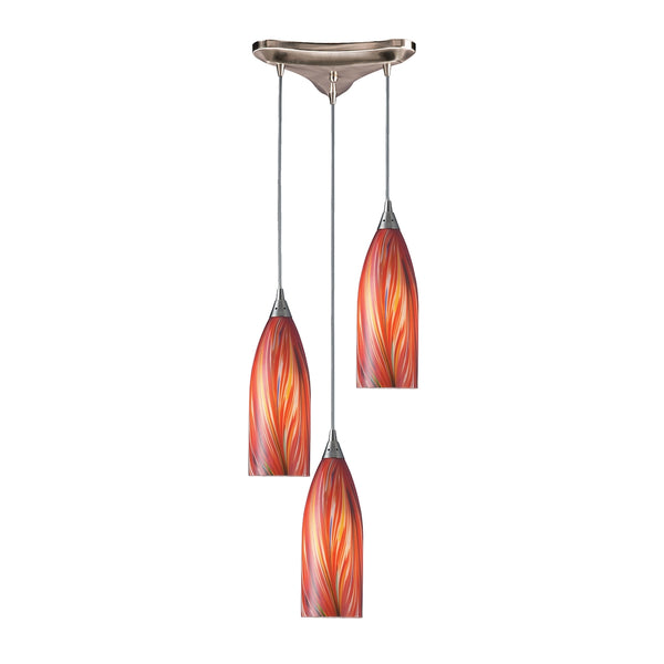 Cilindro 3 Light Pendant In Satin Nickel And Multi Glass