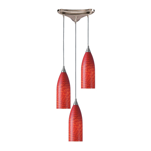 Cilindro 3 Light Pendant In Satin Nickel And Scarlet Red Glass