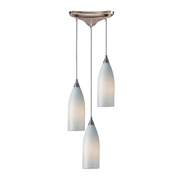 Cilindro 3 Light Pendant In Satin Nickel And White Swirl Glass