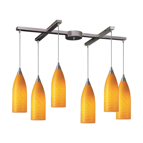 Cilindro 6 Light Pendant In Satin Nickel And Canary Glass