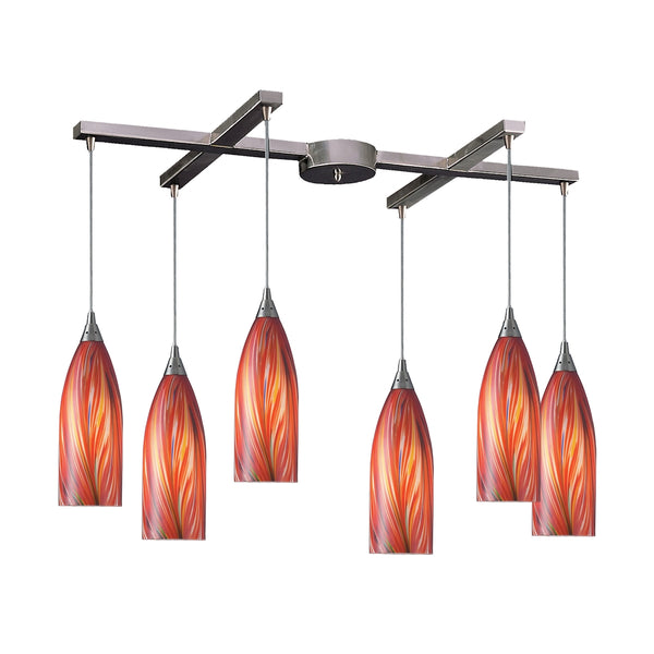 Cilindro 6 Light Pendant In Satin Nickel And Multi Glass