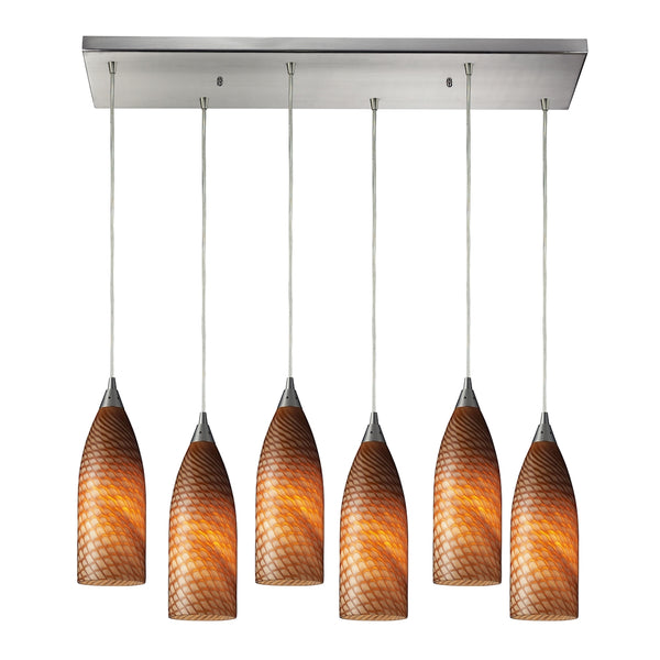 Cilindro 6 Light Pendant In Satin Nickel And Cocoa Glass