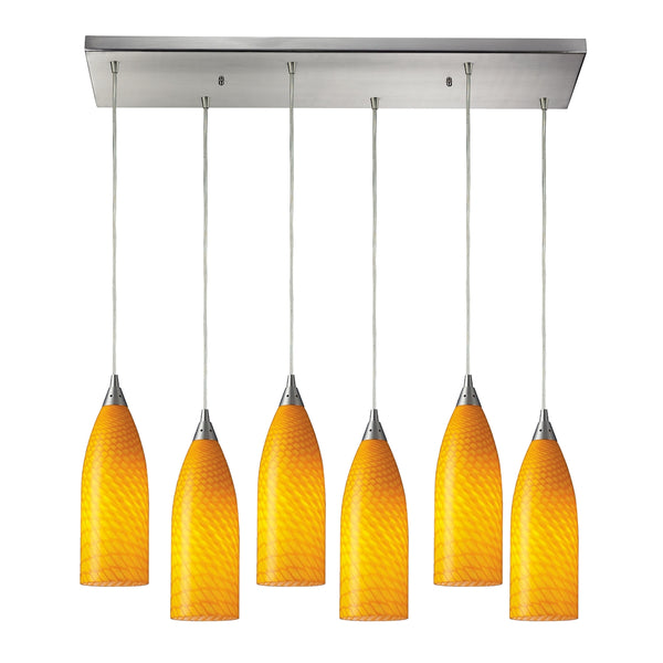 Cilindro 6 Light Pendant In Satin Nickel And Canary Glass