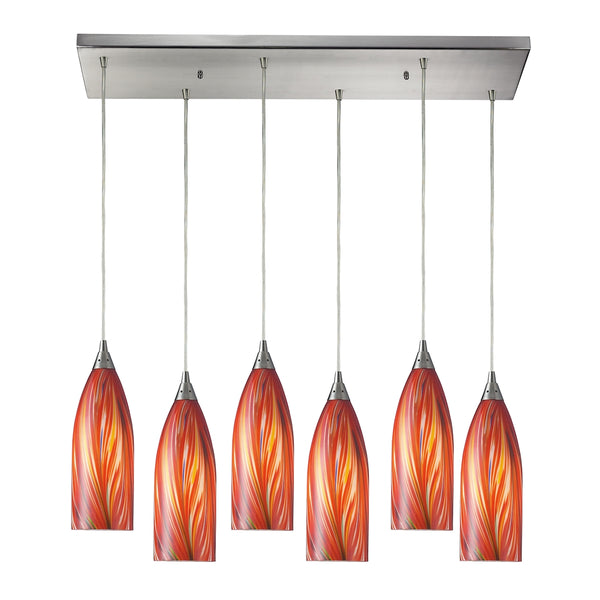 Cilindro 6 Light Pendant In Satin Nickel And Multi Glass