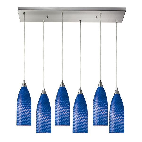 Cilindro 6 Light Pendant In Satin Nickel And Sapphire Glass