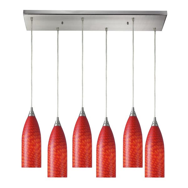 Cilindro 6 Light Pendant In Satin Nickel And Scarlet Red Glass