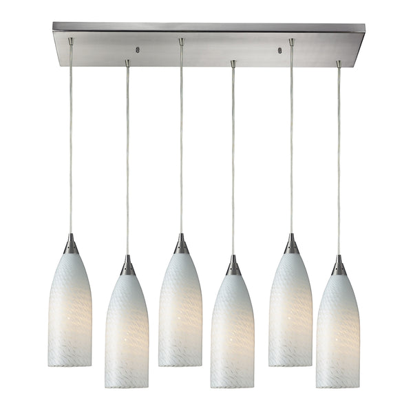 Cilindro 6 Light Pendant In Satin Nickel And White Swirl Glass