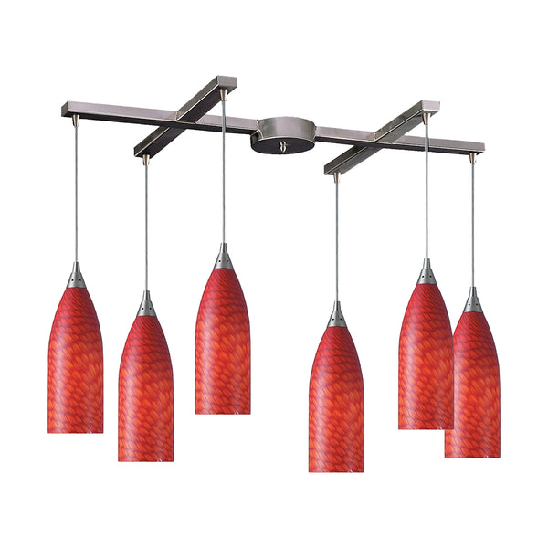 Cilindro 6 Light Pendant In Satin Nickel And Scarlet Red Glass