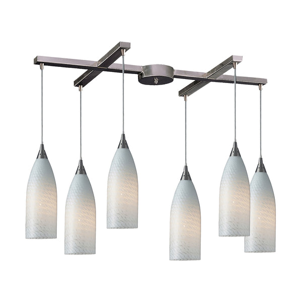 Cilindro 6 Light Pendant In Satin Nickel And White Swirl Glass
