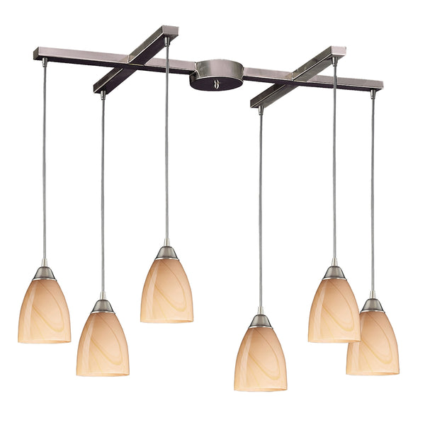 Pierra 6 Light Pendant In Satin Nickel And Sandy Glass