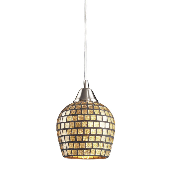 Fusion 1 Light LED Pendant In Satin Nickel And Gold Leaf Glass