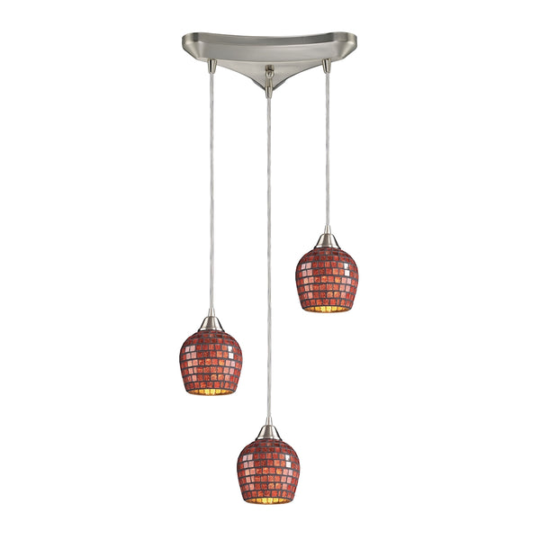 Fusion 3 Light Pendant In Satin Nickel And Copper Glass