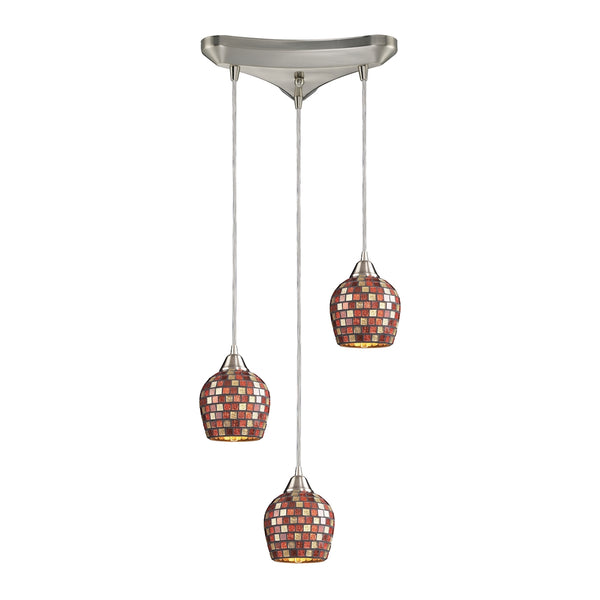 Fusion 3 Light Pendant In Satin Nickel And Multi Glass