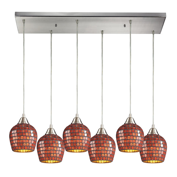 Fusion 6 Light Pendant In Satin Nickel And Copper Glass